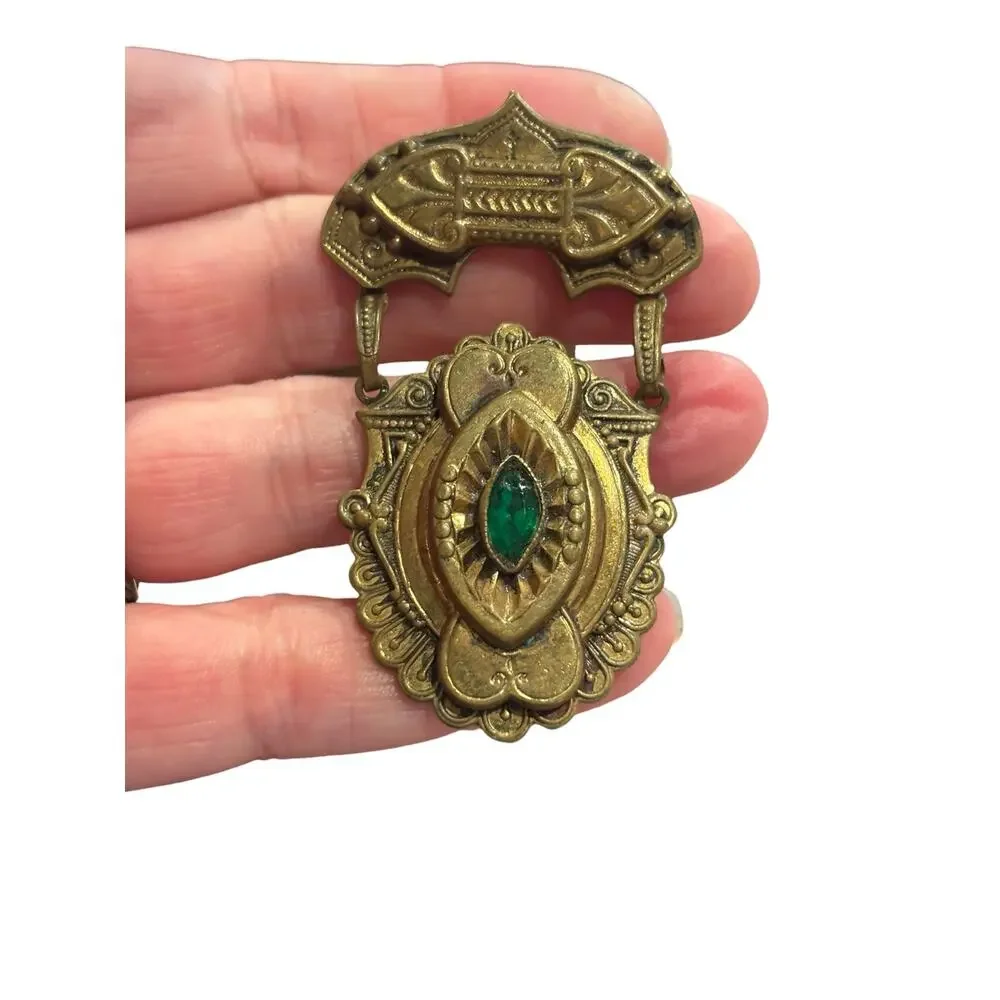 Antique Emerald Green Glass Dangle Brooch Art Nouveau Ornate Gold Tone Pin